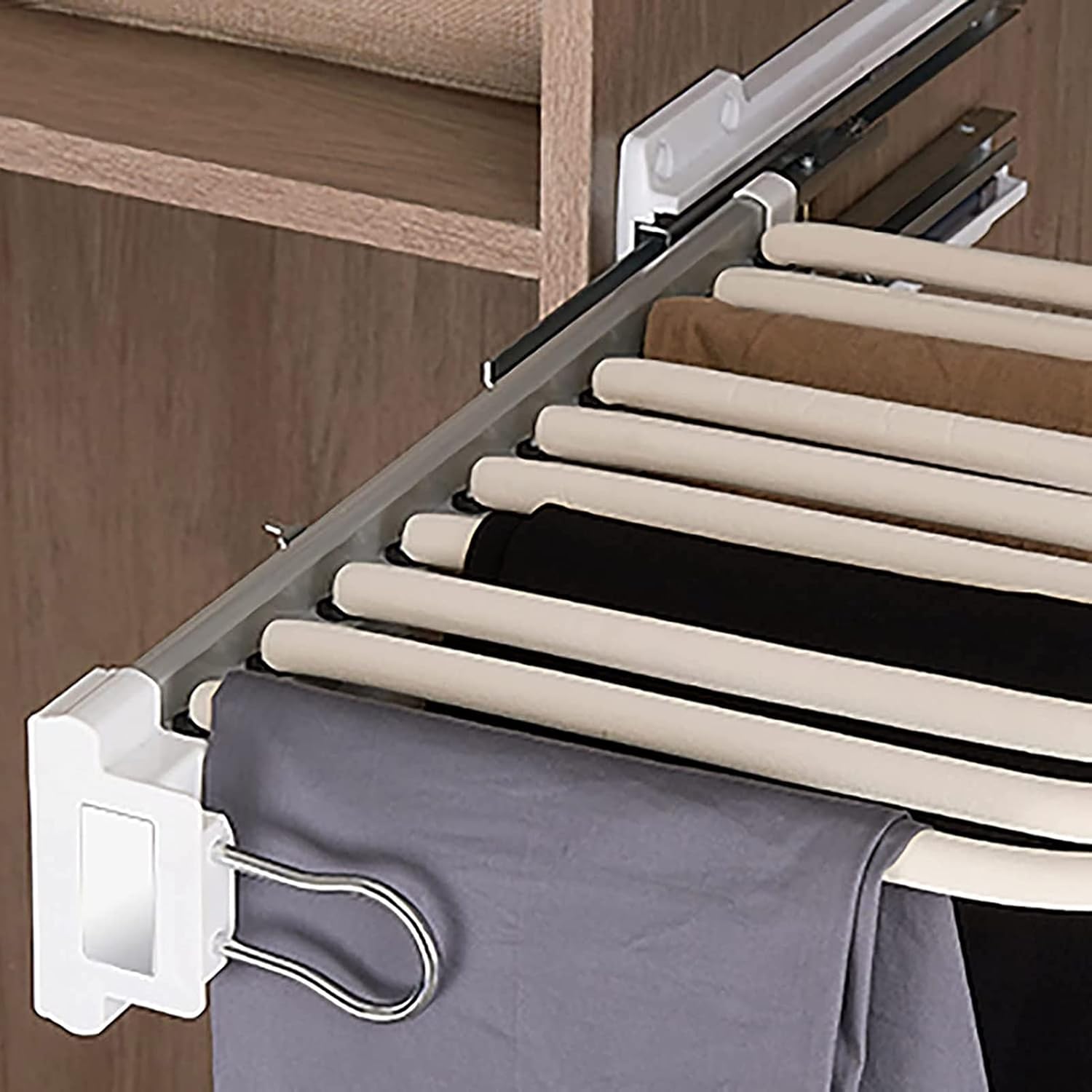 Pull Out The Pants Rack, Multifunctional Retractable Tie Rack, Sliding Hanger Rail Organizer, with 9-Arm Flocking Strip, Right Side Installation/Black/31.5X46X10Cm (Beige)