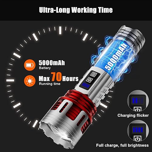 Miniatura 5 de SKYFIRE Linterna LED recargable de alto lúmenes con lámpara ambiental, 8000 linternas tácticas súper brillantes, 2 colores, enfocable, luz de flash