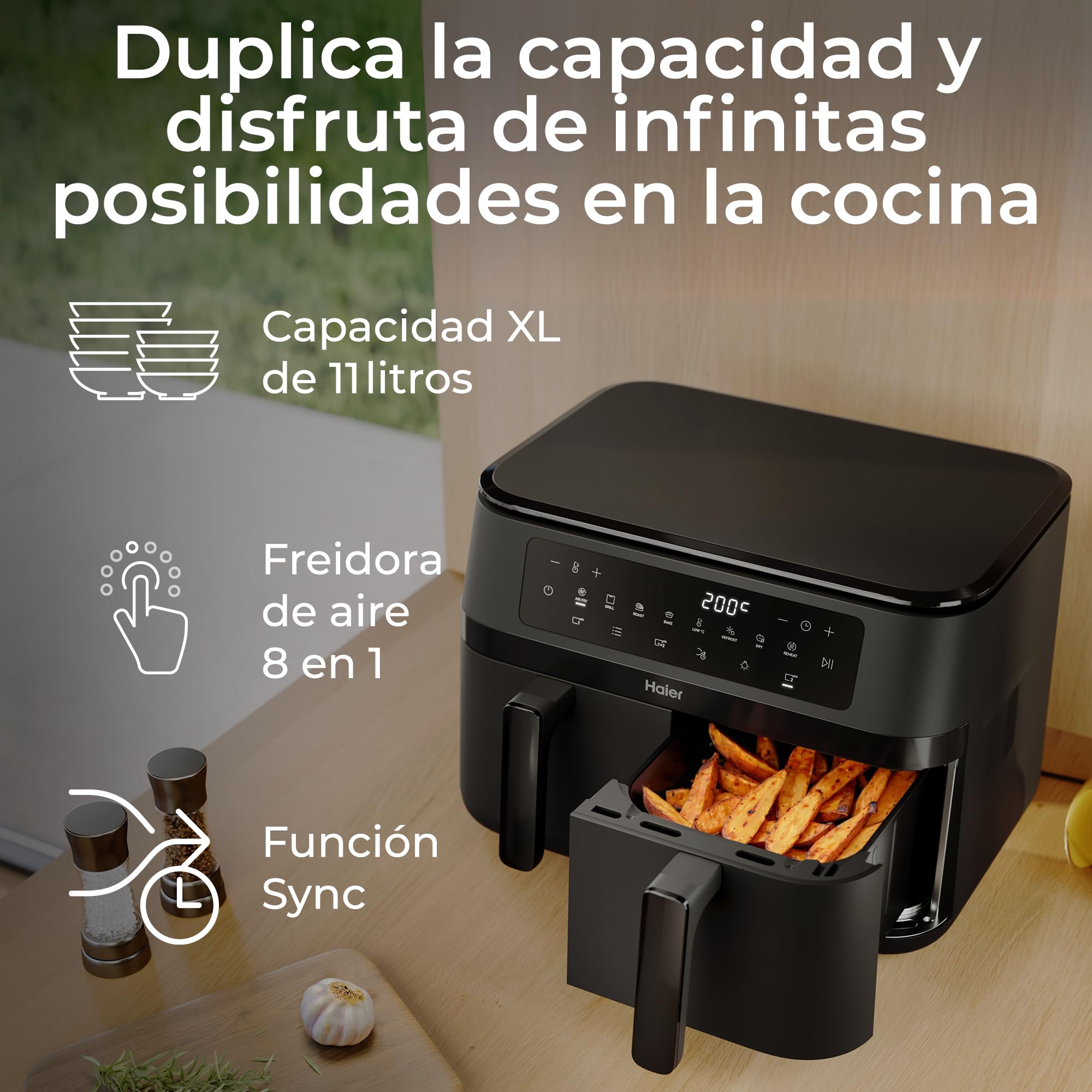 Haier Frytkownica na gorące powietrze, 2 komory, 11 l, Airfryer, 8 w 1: smażenie, grillowanie, pieczenie, suszenie, podgrzewanie, rozmrażanie, powolne gotowanie, funkcja synchronizacji, powłoka