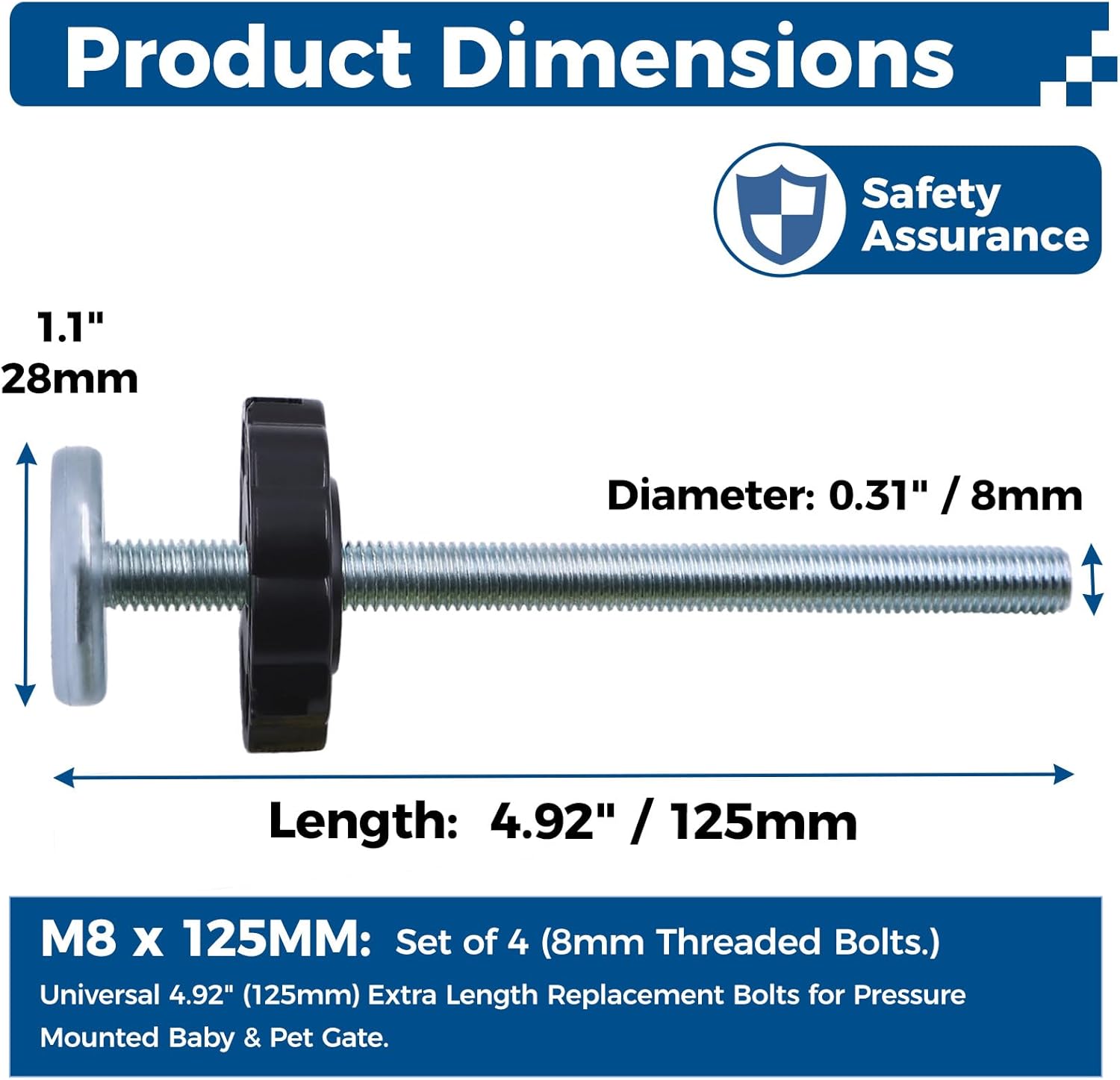 8mm (M8) Diameter 4 Pack Extra Long 4.92 Inches (125mm) Baby Gate Replacement Parts, Threaded Spindle Rods for Pets and Pressure Mounted Safety Gates, Stairs Banister - Black Screw Bolts