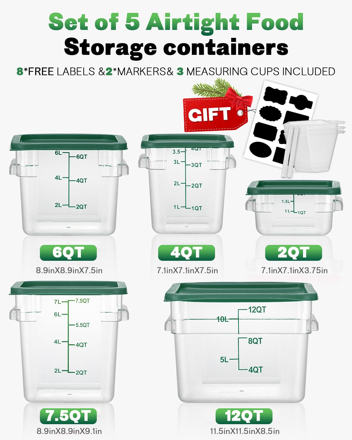 4QT NSF - Contenitori per alimenti, 8 pezzi, per uso alimentare, resistenti al caldo e al freddo, trasparenti, con coperchio, per impasti da cucina e ristoranti, cucchiai dosatori inclusi (verde)