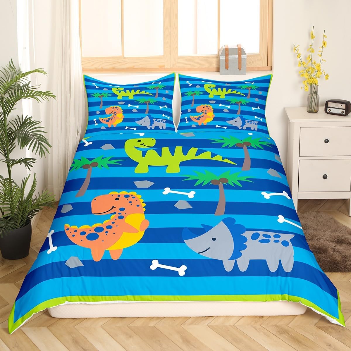 Kawaii Dinosaur Duvet Cover Queen Size,Animals Bones Comforter Cover with 2 Pillowcase for Teens Adults,Kids Palm Leaves Bedding Set,Cute Dinosaur Breathable 3 Pcs Decorative Bed Cover(No Comforter)