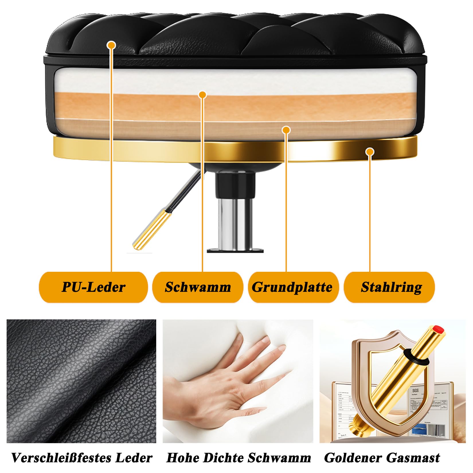 Rollhocker Gold Hocker mit Rollen, Rund Drehhocker Höhenverstellbar 43-55 cm, Komfort PU Leder Bürohocker Arbeitshocker Belastbar Bis 150kg, Schminkhocker für Massage Salon Spa (Schwarz)