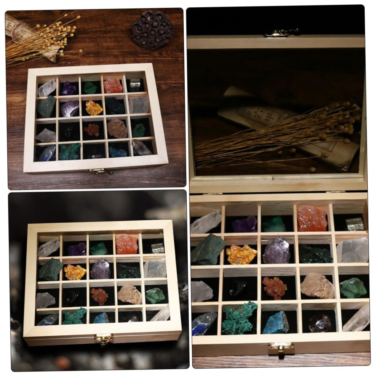 20 Stück Teiliges Mineralien Probenbox Natürliche Steinsamples für Lehrzwecke Sammlung für Enthusiasten Holzkiste für Aufbewahrung