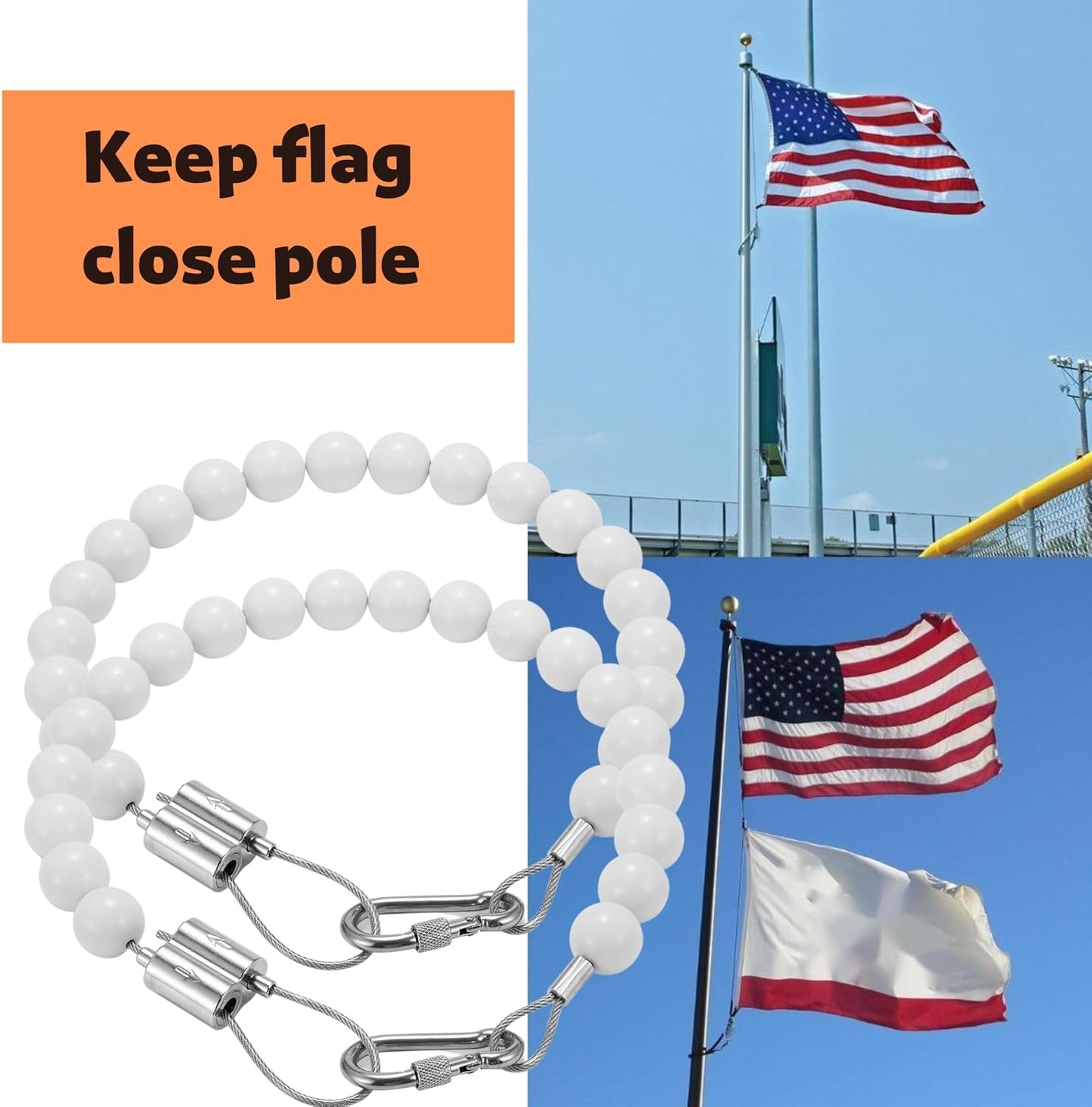 Adjust Length Flag Pole Beaded Retainer Ring, FlagPole Ring to Keep Flag Close to Pole for Internal External Halyard- Fit 3" to 7" Inch Diameter FlagPole (2pcs)