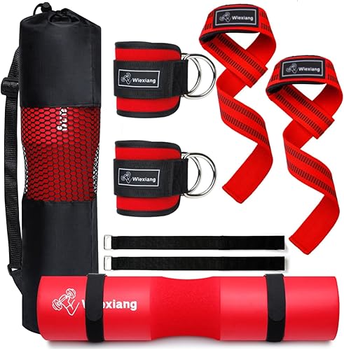 Wiexiang Juego de 8 almohadillas para pesas para sentadillas, 1 almohadilla de empuje de cadera, 2 correas de elevación, 2 correas de tobillo para
