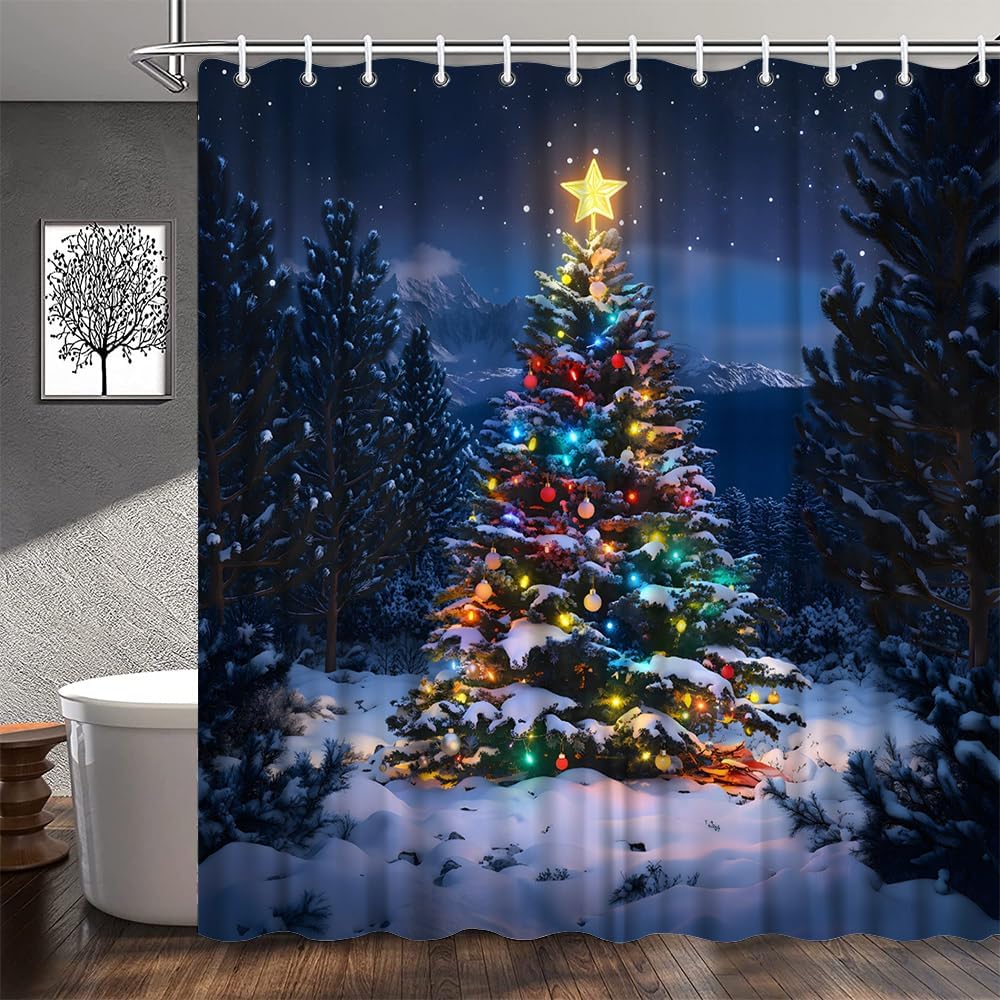 Winter Christmas Tree Shower Curtain Abstract Xmas Ball Snow Forest Mountain Colorful Lights Star Night Scenery Bathroom Decor Polyester Fabric Curtains with Hook 70Wx80H Inches