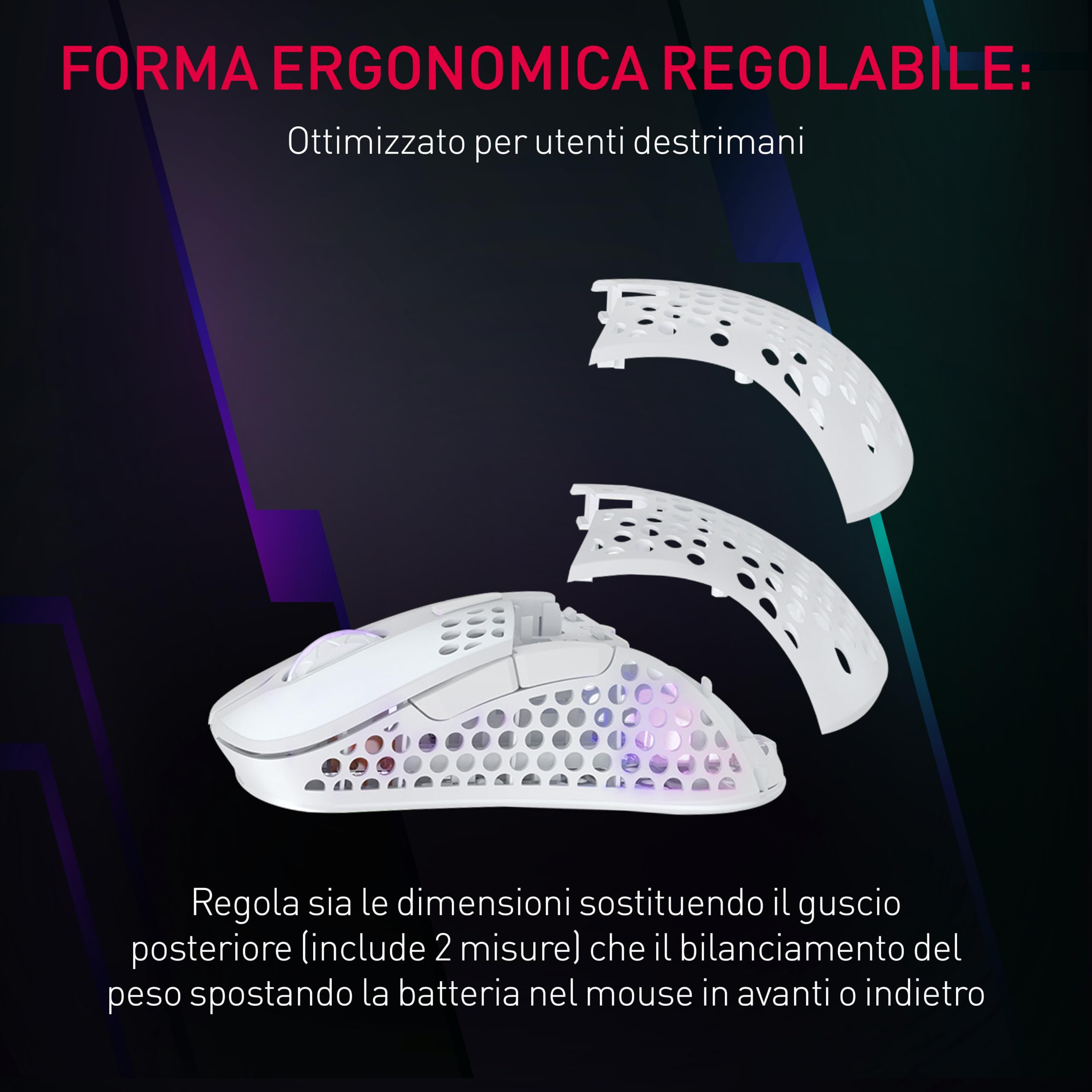 Xtrfy M4 Wireless, Mouse da Gioco Ultraleggero Senza Fili, Ottimizzato per Gaming Competitivo, Wireless 2,4 GHz, Illuminazione RGB, Mouse Ergonomico per Destrimani Adattabile Ricaricabile, Bianco