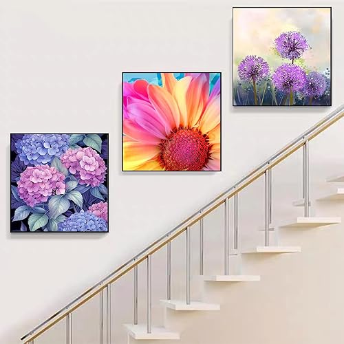 Miniatura 3 de HSENJT Kit de pintura de diamantes para bricolaje, diente de león morado, flores, arte de diamantes para adultos, 14 x 14 pulgadas, kit de pintura