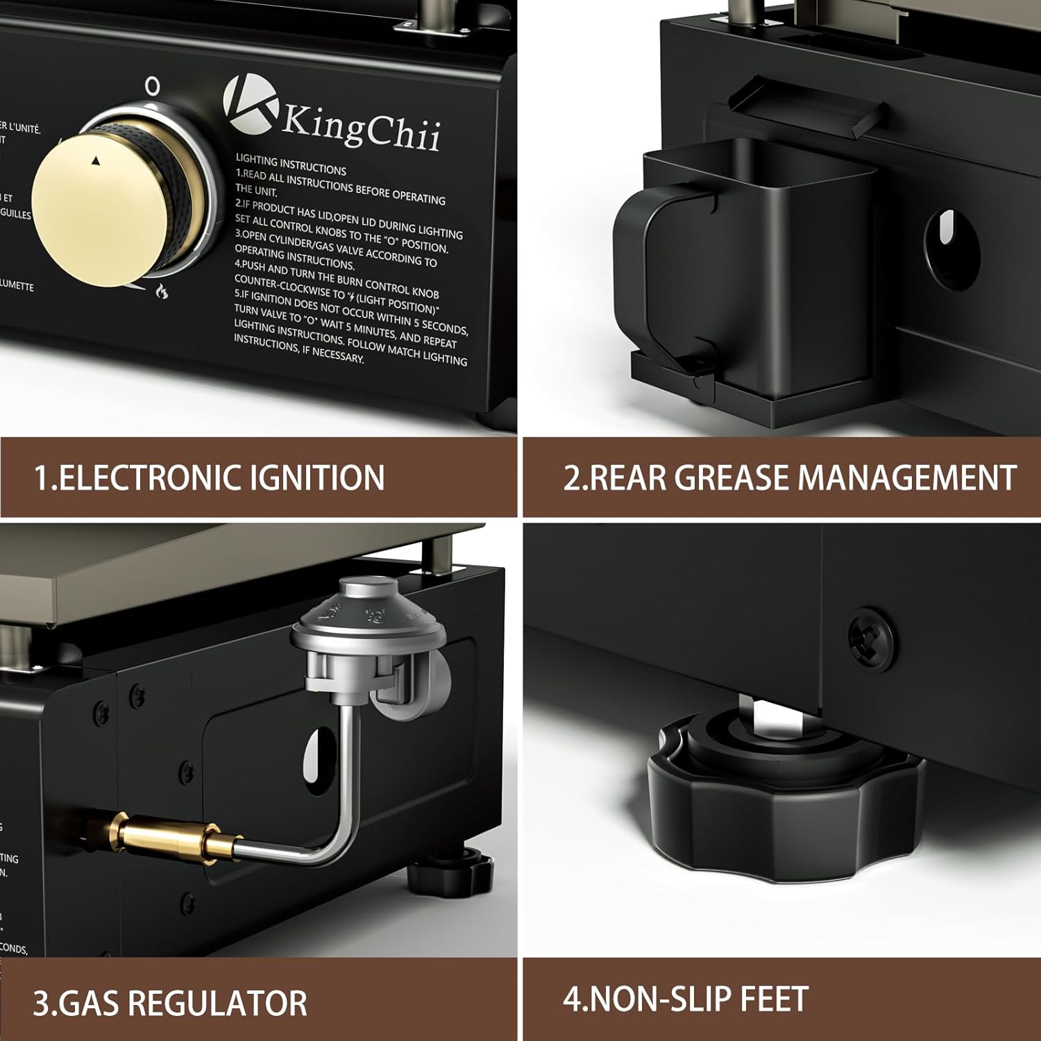 Close-up of KingChii 19 inch tabletop griddle controls, showing electronic ignition button, control knobs, and lighting instructions.
