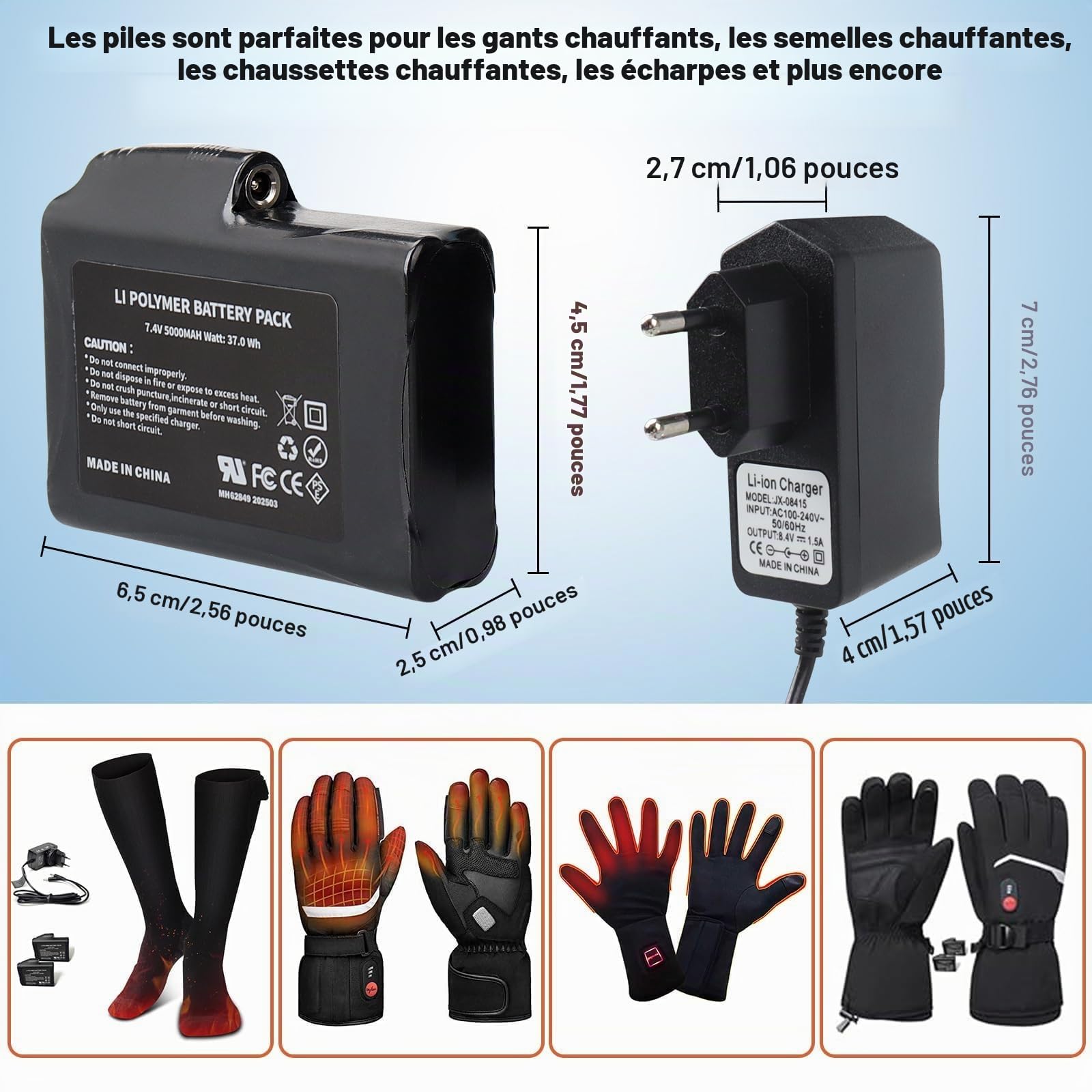 Lot de 2 Batteries Lithium-polymère Rechargeables 7,4 V 5 000 mAh 37 Wh avec Chargeur pour Gants Chauffants,Chaussettes chauffantes,Bonnets Chauffants, cagoules chauffantes,Semelles chauffantes