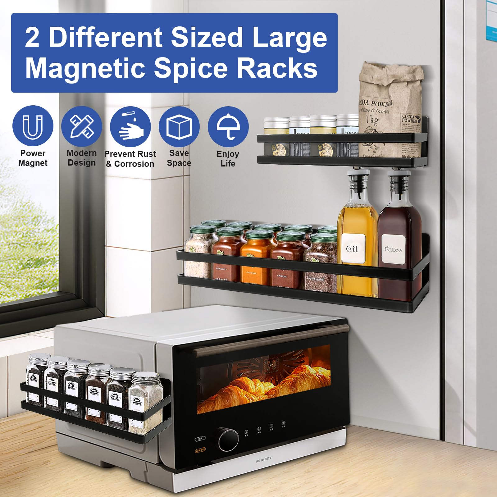 Uten Grande étagère à épices magnétique pour réfrigérateur, lot de 2 étagères magnétiques améliorées, étagère magnétique mobile pour la cuisine, contenir des épices, des bocaux, parfait pour