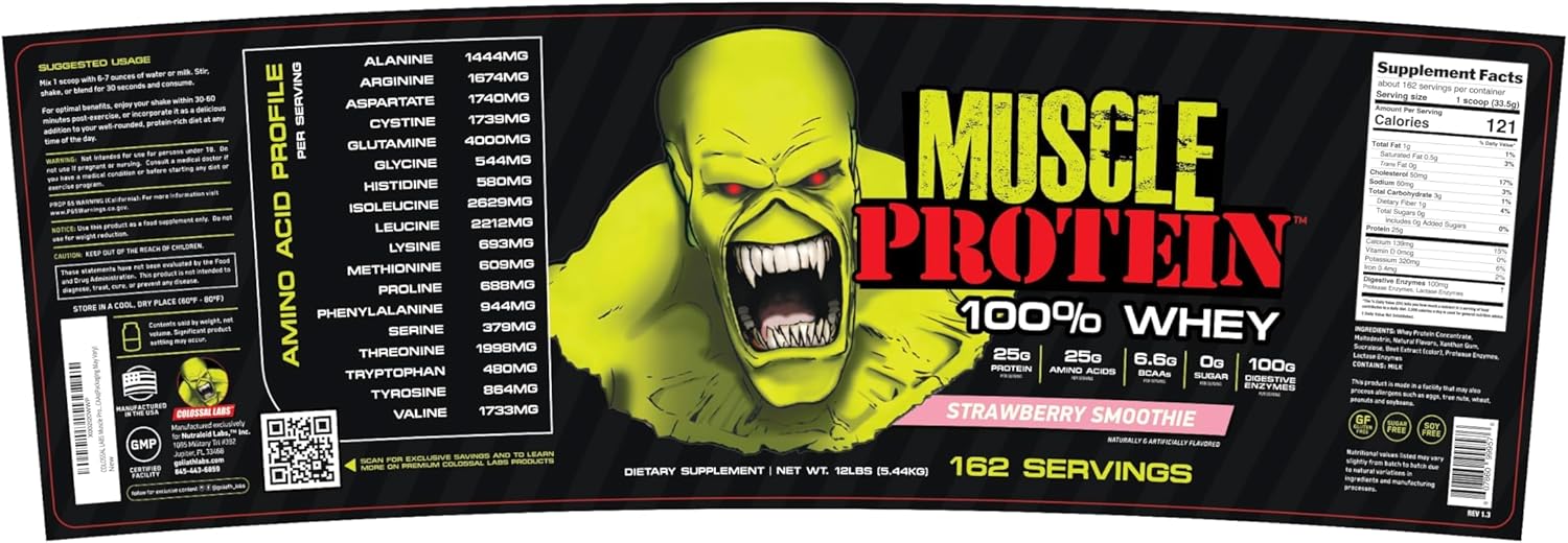 COLOSSAL LABS Muscle Protein Whey Powder [12 lbs/Pack of 1]– Cold Filtered, 25g Pure Protein, 6.6g BCAAs (Packaging May Vary) (12LB, Strawberry)