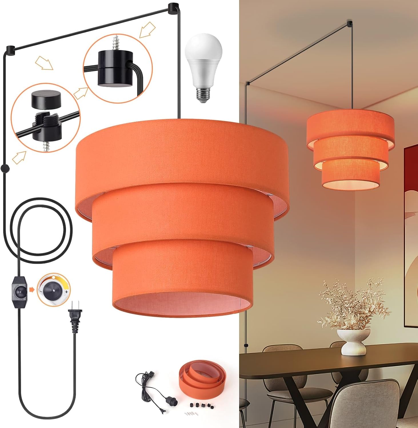 Orange Plug in Pendant Light, Mid Century Modern Pendant Light 3 Tier Plug in Chandelier with Orange Lampshape Hanging Lamp, Hanging Lights with Plug in Cord for Living Room Bedroom, 16.4ft Cord