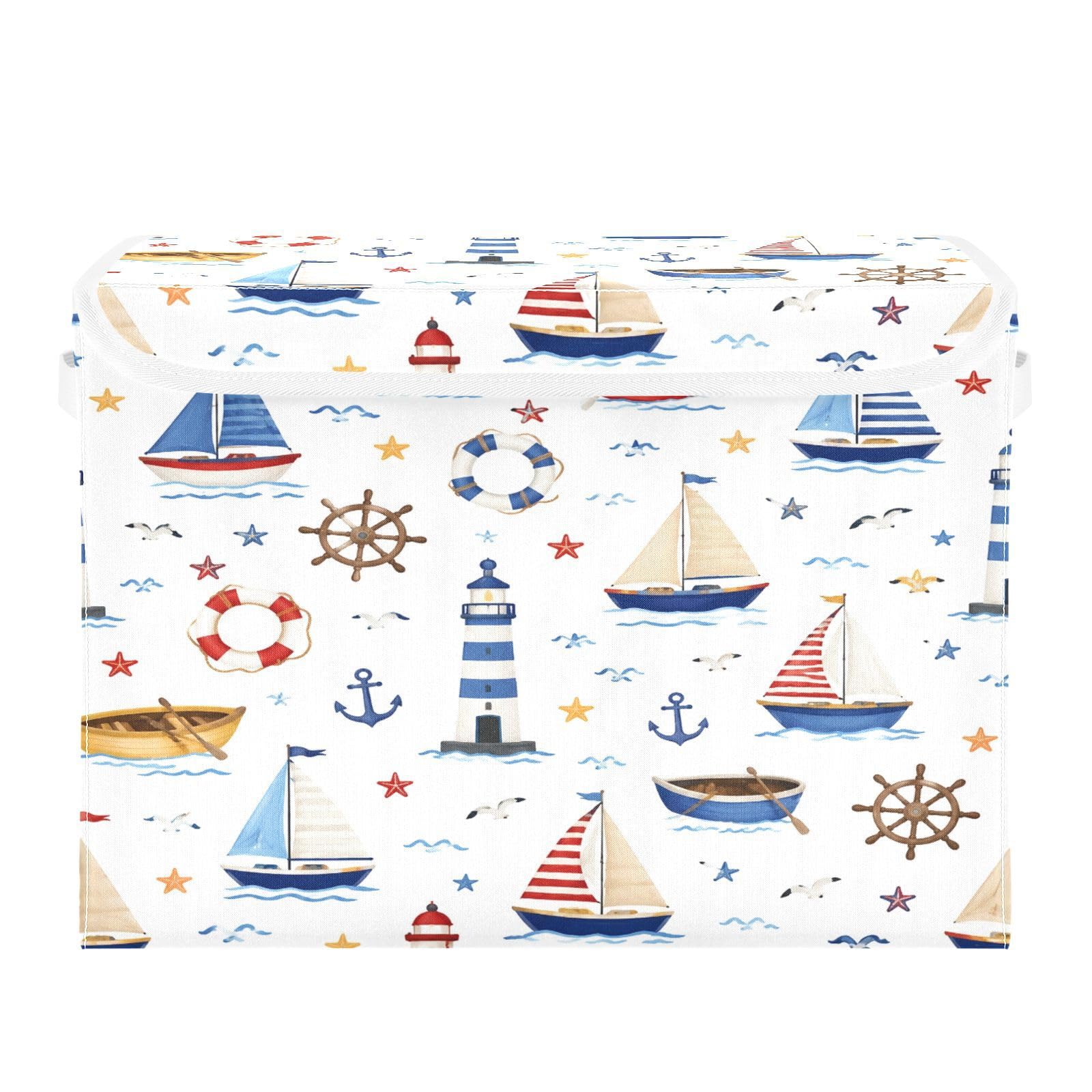 Ewusp Lighthouse Boat Fabric Storage Bin with Lid, Decorative Foldable Storage Basket with Handles, Stackable Closet Shelf Organiser Box for Clothes, Books, Bedroom, Living Room