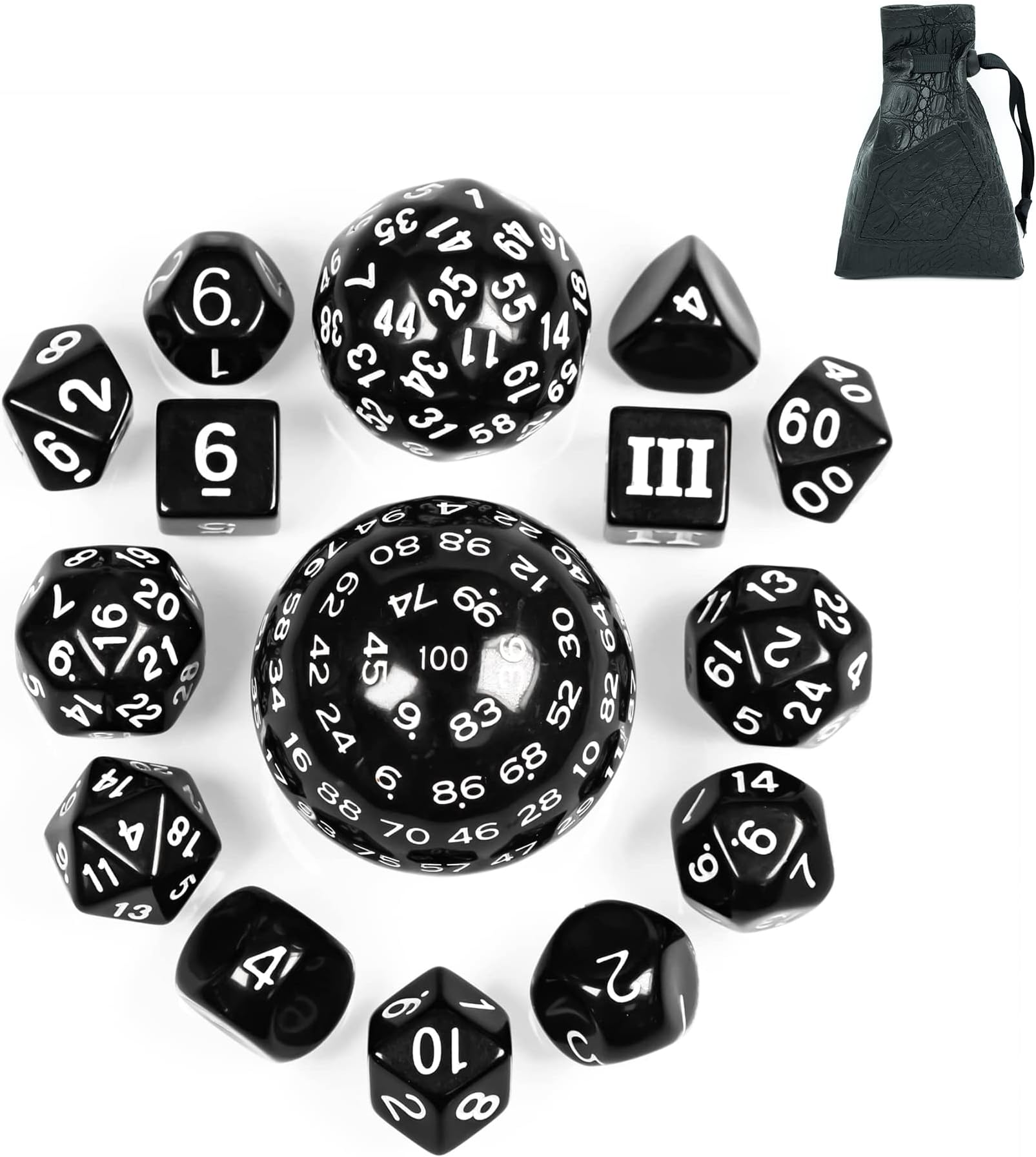 15 Pieces Complete Polyhedral DND Dice Set D3-D100 Spherical D&D Dice Set with Dragon Eye Dice Bag, D100 Dice for RPG Table Games(Black w/White Numbers)