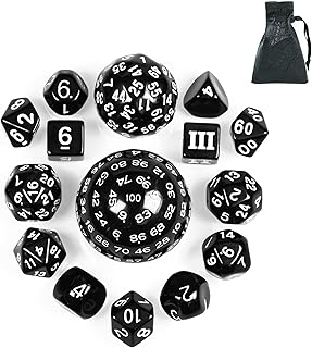 Poludie 15 Pieces Complete Polyhedral DND Dice Set D3-D100 Spherical D&D Dice Set with Dragon Eye Dice Bag, D100 RPG Dice for Dungeons and Dragons, RPG, MTG Table Games((Black and White)