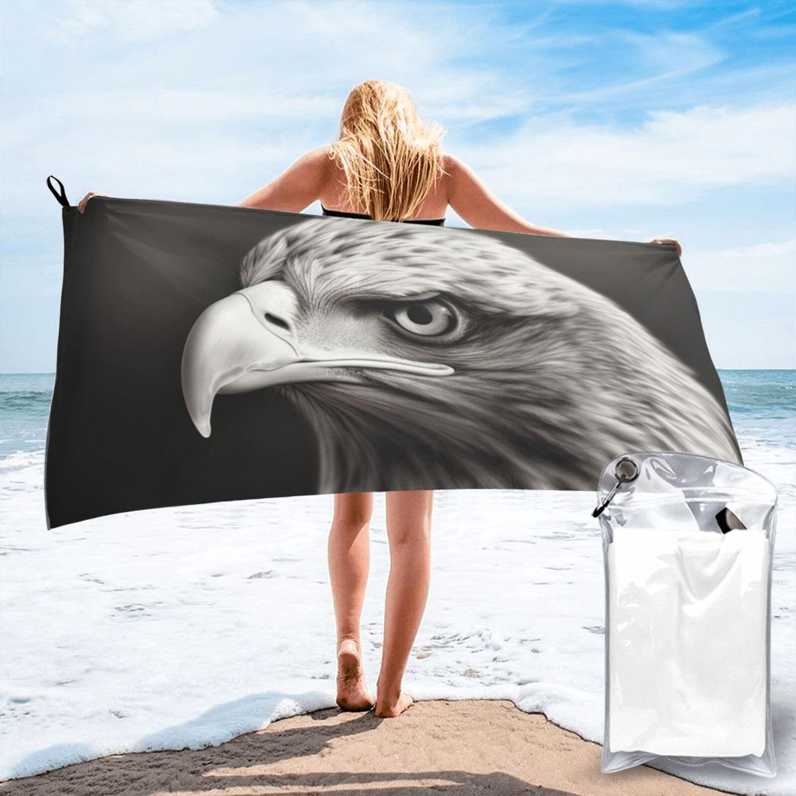 DWVTSLH Microfiber Sand Free Beach Towel 31.5"x63", Quick Dry Absorbent Travel Towel Large Camping Blanket, Eagle Black and White Bath Towels Lightweight Pool Swim Towels for Vacation Essentials