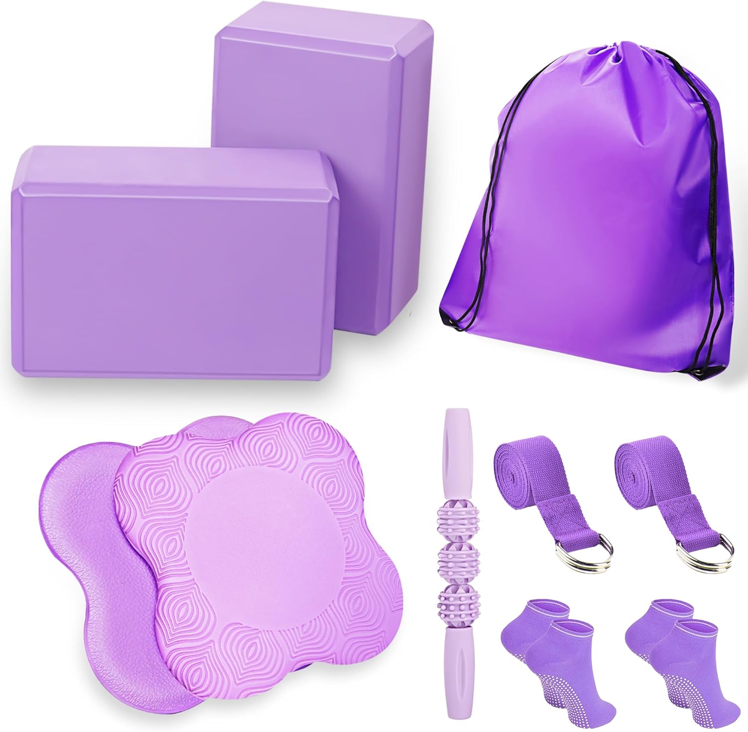 2 Yoga Blocks Supportive Accessories including 2 Knee Pads, 2 With Strap To Put Less Weight On Wrists, 1 Muscle Massage Roller, 2 Pair of Non-Slip Pilates Socks, 1 GYM Bag, Durable Versatile Yoga Brick Exercise Set of 10 2 Yoga Blocks Supportive Accessories including 2 Knee Pads, 2 With Strap To Put Less Weight On Wrists, 1 Muscle Massage Roller, 2 Pair of Non-Slip Pilates Socks, 1 GYM Bag, Durable Versatile Yoga Brick Exercise Set of 10