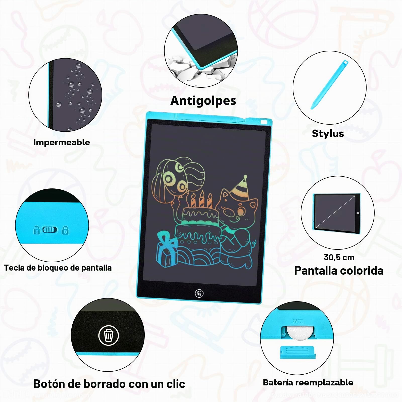 Tableta de Escritura LCD 12 Pulgadas, Tablet de Dibujo Infantil para Hogar, Escuela y Oficina (Azul)