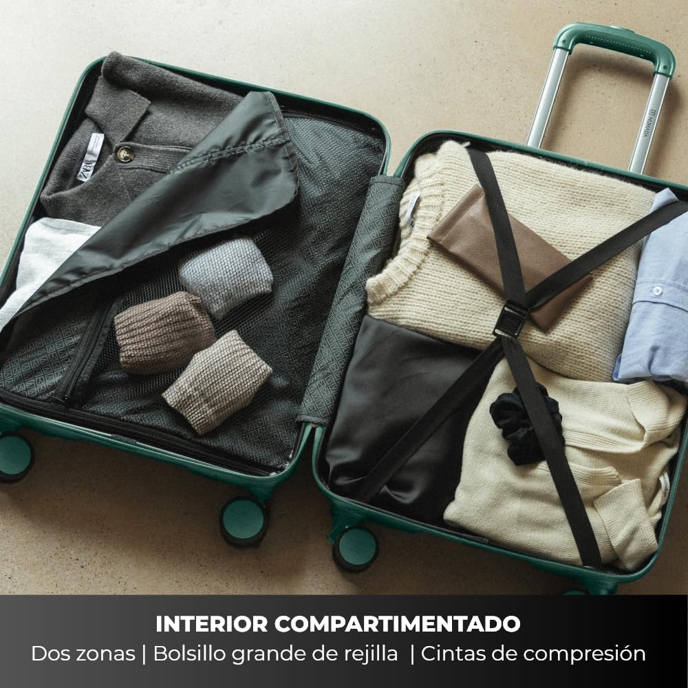 NUMADA - Maleta de Viaje Cabina 55x40x20cm (38,4L) Upfly T10 XS Apta para Ryanair con Cierre de Combinación y 4 Ruedas. Maleta de Mano Rígida Resistente, Ligera con Interior Compartimentado | Verde