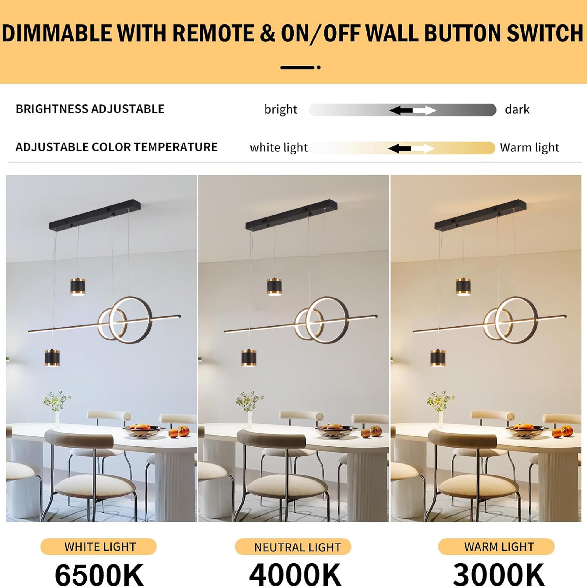 LED Pendelleuchte Esstisch, 49W Dimmbar Hängelampe mit Fernbedienung, Sternenhimmel Unabhängig Steuerbare Hängeleuchte, 120cm Höhenverstellbar Pendellampe, Für Esszimmer, Küche, Schwarz, 100cm