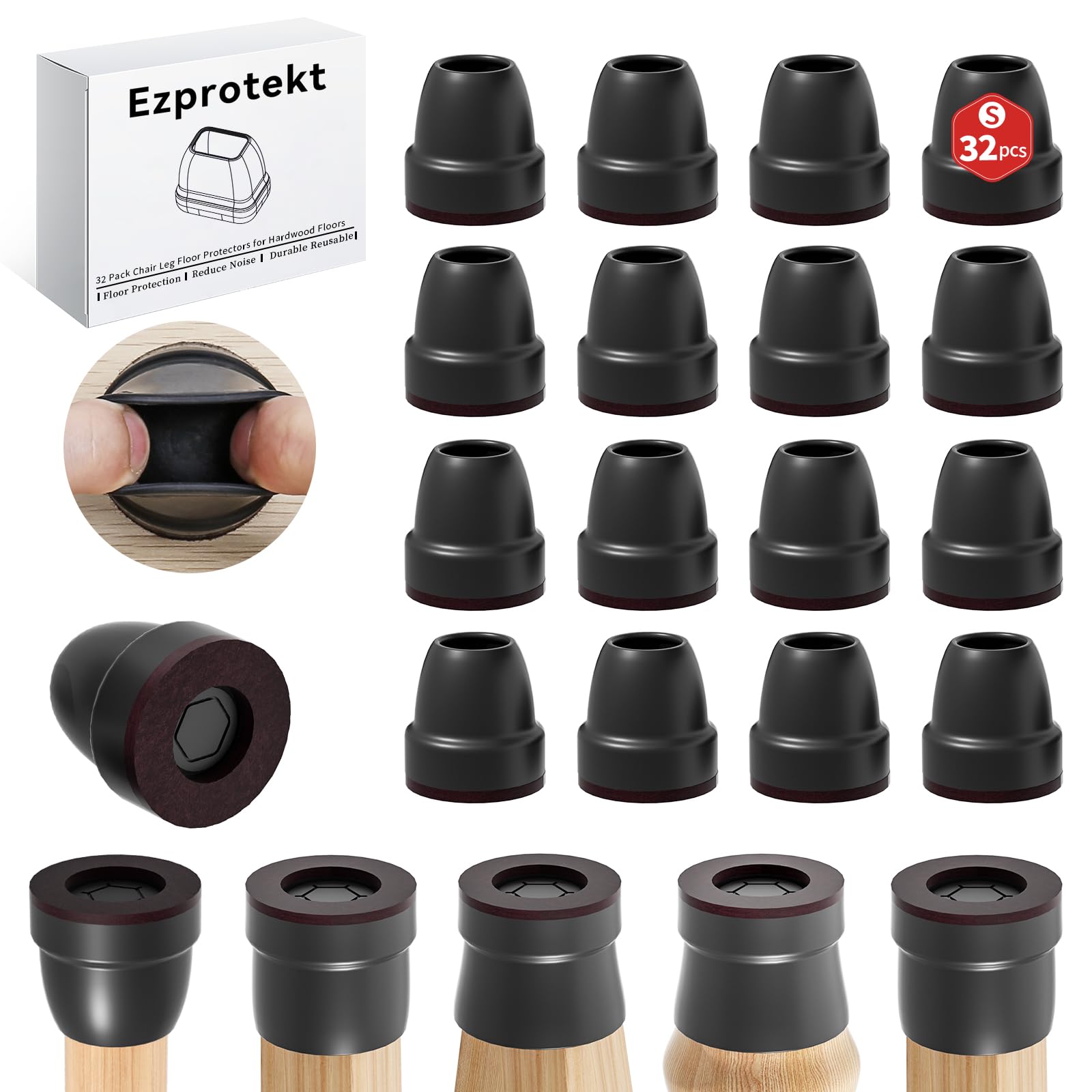 Ezprotekt 32*Chair Leg Covers, 0.75" Black Silicone Chair Leg Floor Protectors with Wrapped Felt