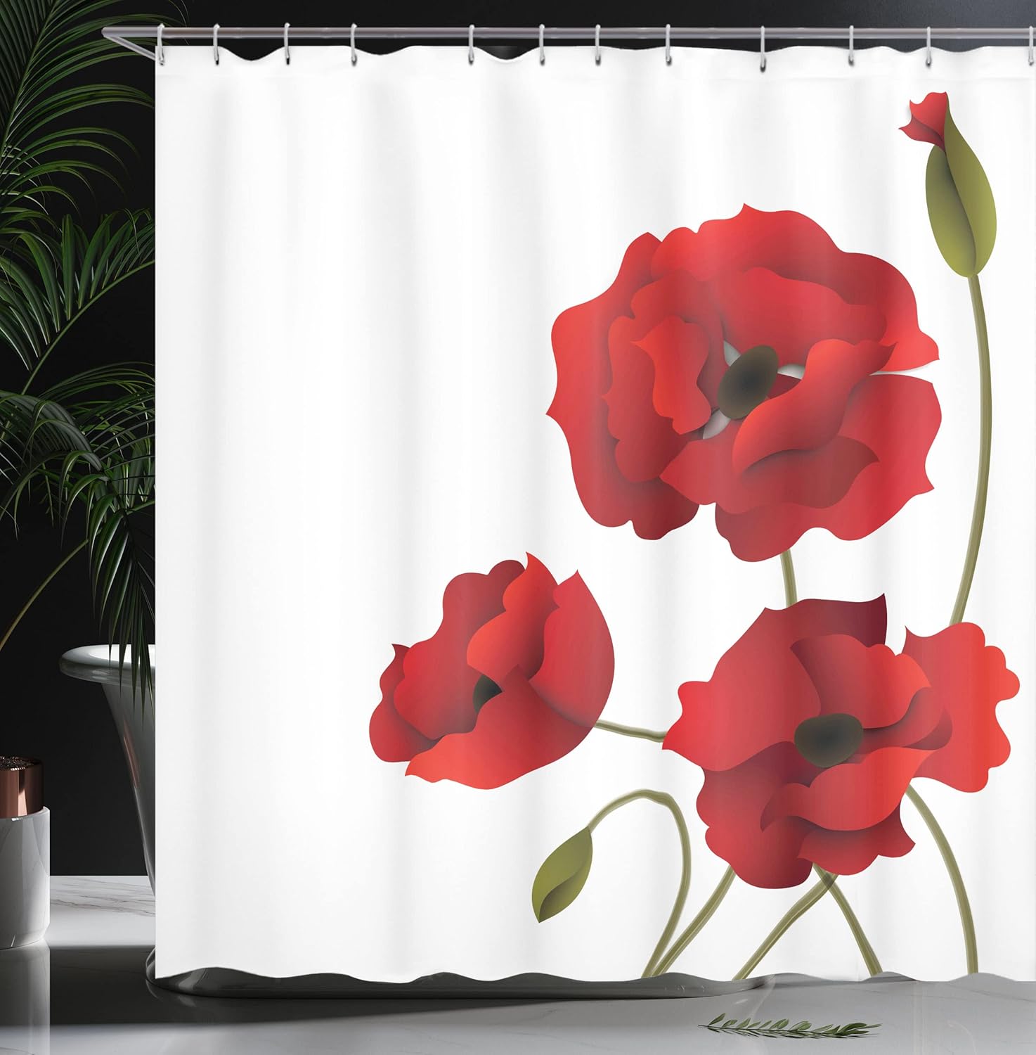 Ambesonne Floral Shower Curtain, Poppy Flowers and Petals with Buds Pastoral Purity Mother Earth Nature Design of a Print Artwork, Fabric Bathroom Decor Set with Hooks, 69" W x 70" L, Red and Green