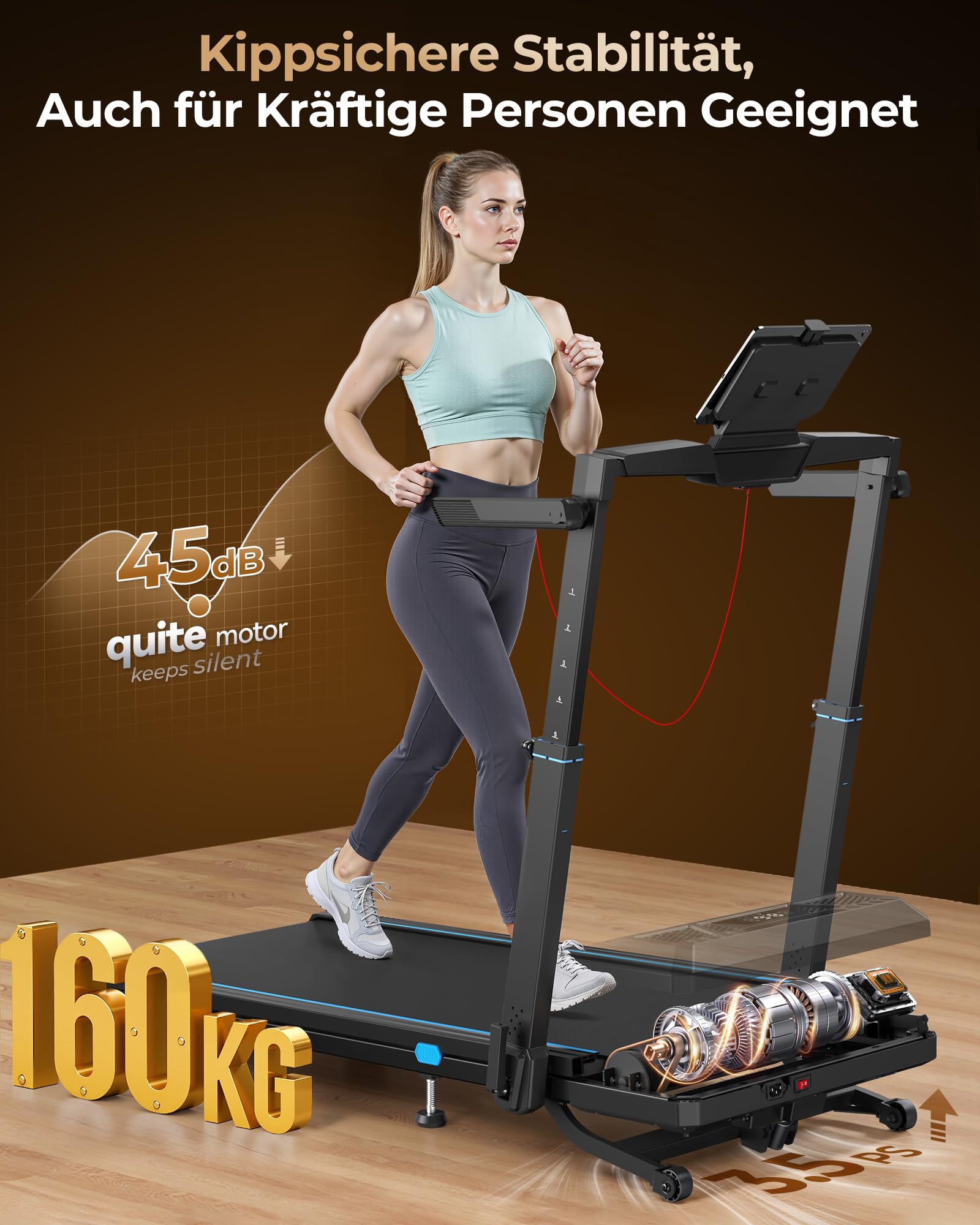 Cardirun Laufband für Zuhause Klappbar mit Automatischer Steigung, 14 KM/H | 6 in 1 Walking Pad mit 104cm Höhenverstellbarer Griff, 14KM/H, 3.5HP Leise Treadmill for Home mit LED-Anzeige, 160 KG