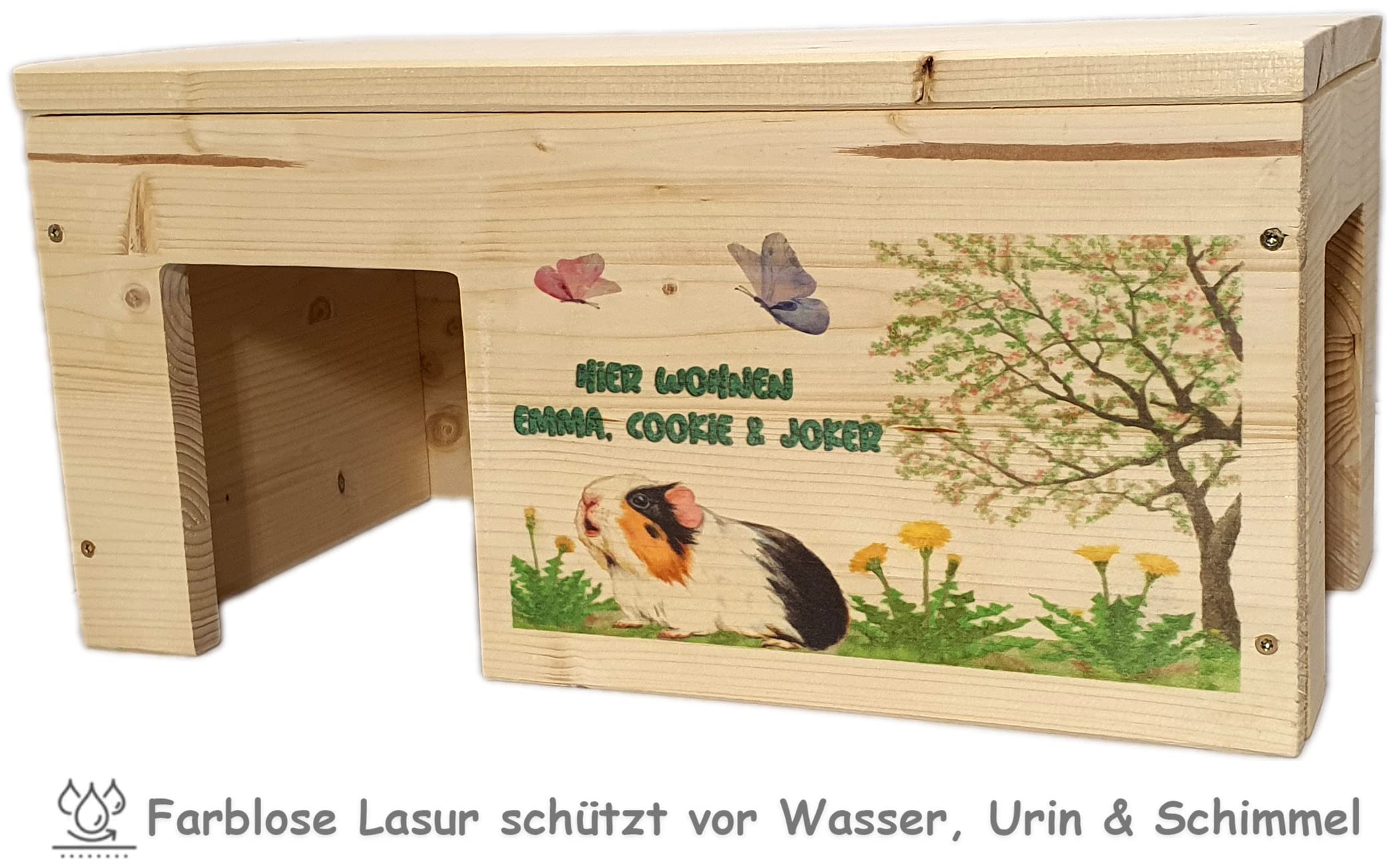 Nagerstore Meerschweinchenhaus Personalisiert mit Wunschnamen ihrer Meerschweinchen mit 2 Eingängen, Holzlasur & Aufklappbar / 45x25x22cm