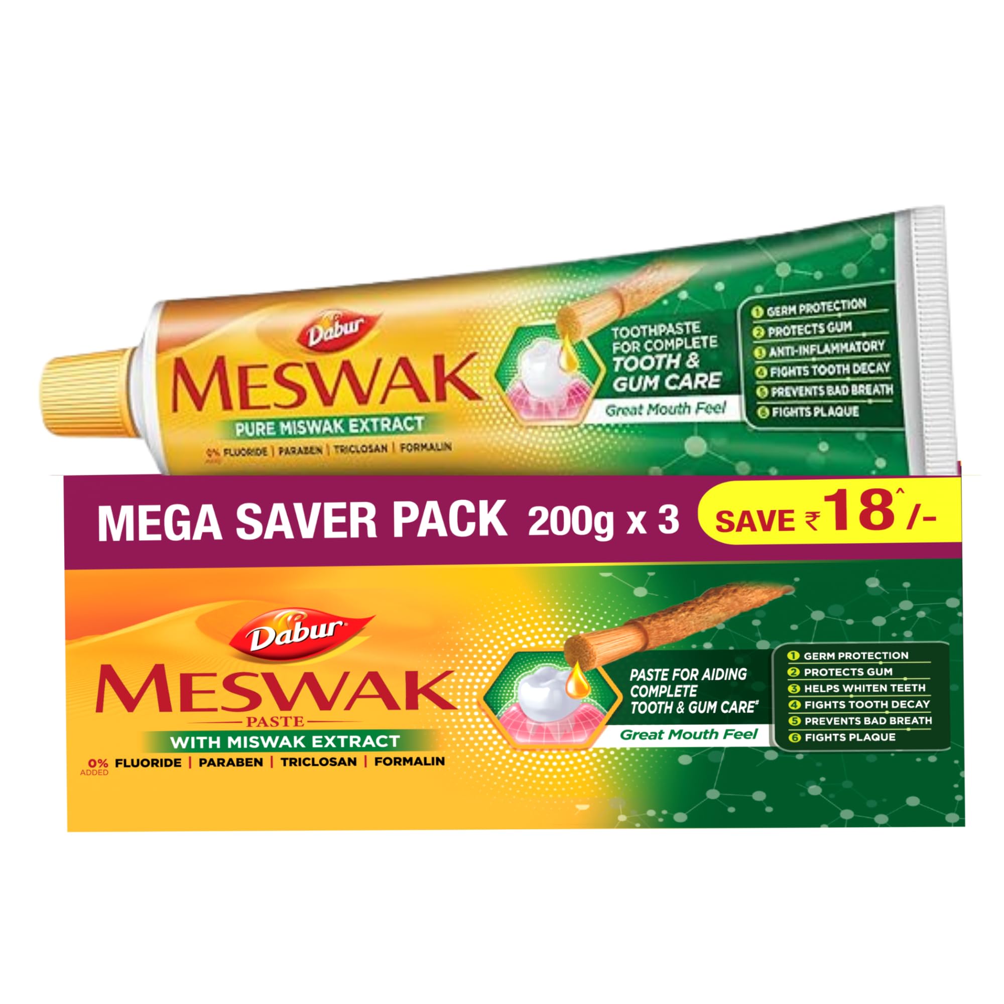 Meswak Complete Oral Care Toothpaste with Tooth Decay Prevention, Stain Removal, Cavity Protection, Tartar Control, Gum Protection, Plaque Removal, Anti-Bacterial 600 gm - 200 gm