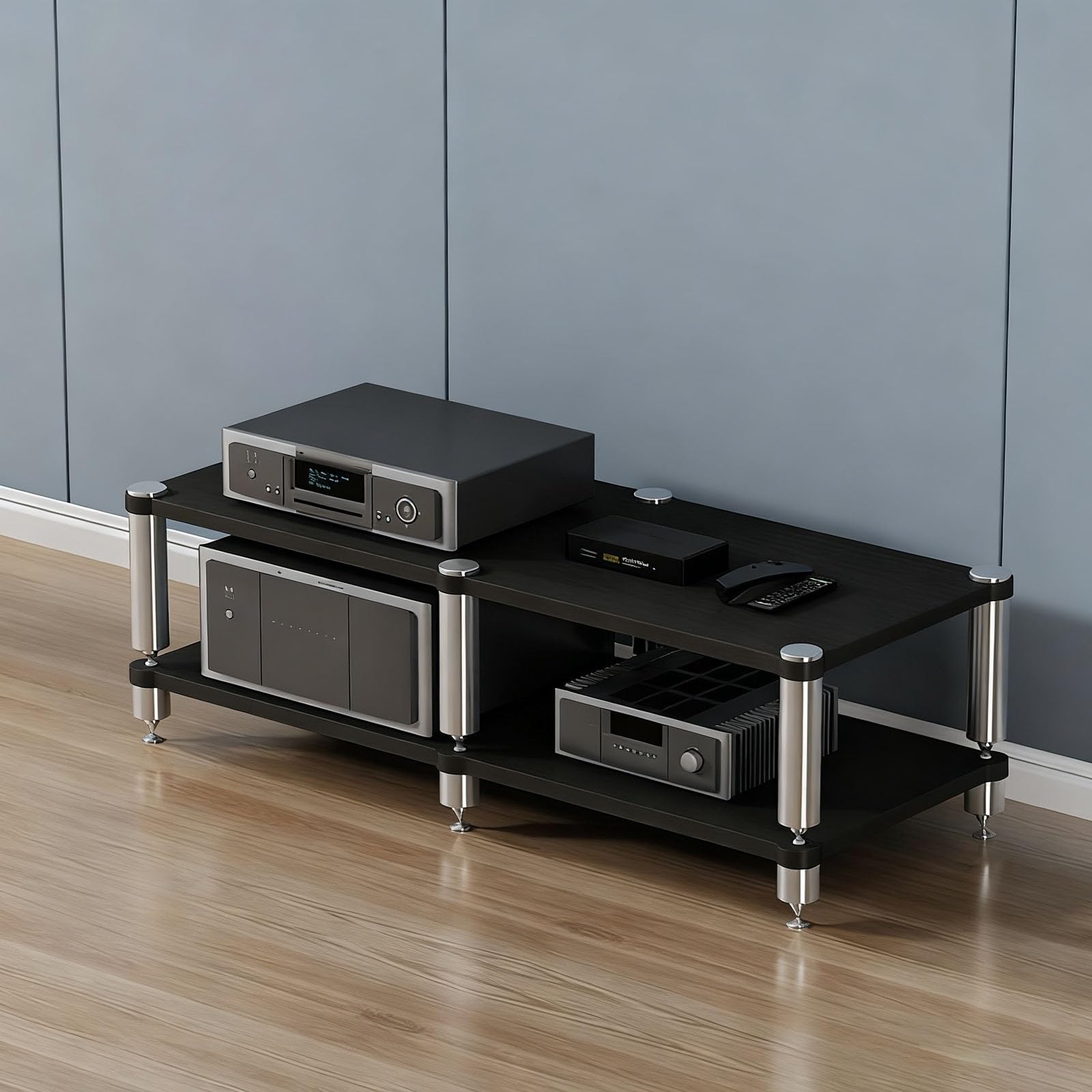 Soporte de madera abierto de 2 niveles con patas amortiguadoras de golpes para consolas de videojuegos, CD y DVD, elegante diseño negro