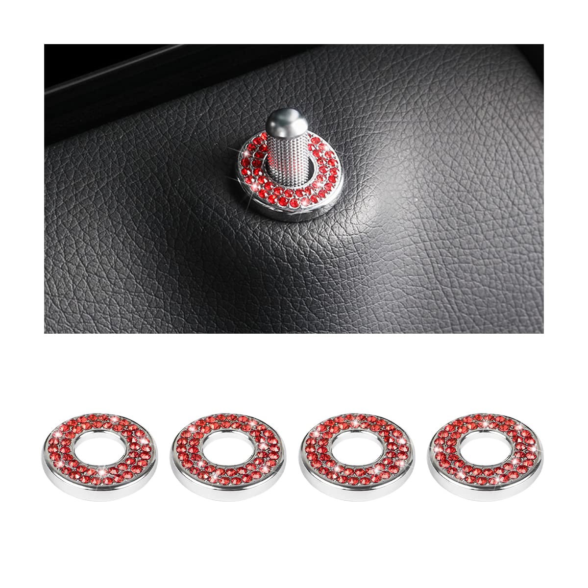 CGEAMDY 4 PCS Bling Inner Car Door Lock Cover Stickers, Car Interior Trim Rhinestones Pull Rod Bolt Decoration Stickers, Crystal Auto Decals for Women, Sparkly Car Door Lock Pin Caps(Red)