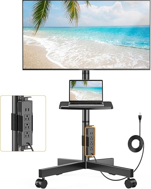 Perlegear Mobile TV Cart, Clip-On Integrated Power Supply, Rolling TV Stand Portable for 23-60″ TVs (up to 88 lbs), 3 Height Levels with Adjustable Tray, TV Stand with Wheels, Max VESA 400x400mm
