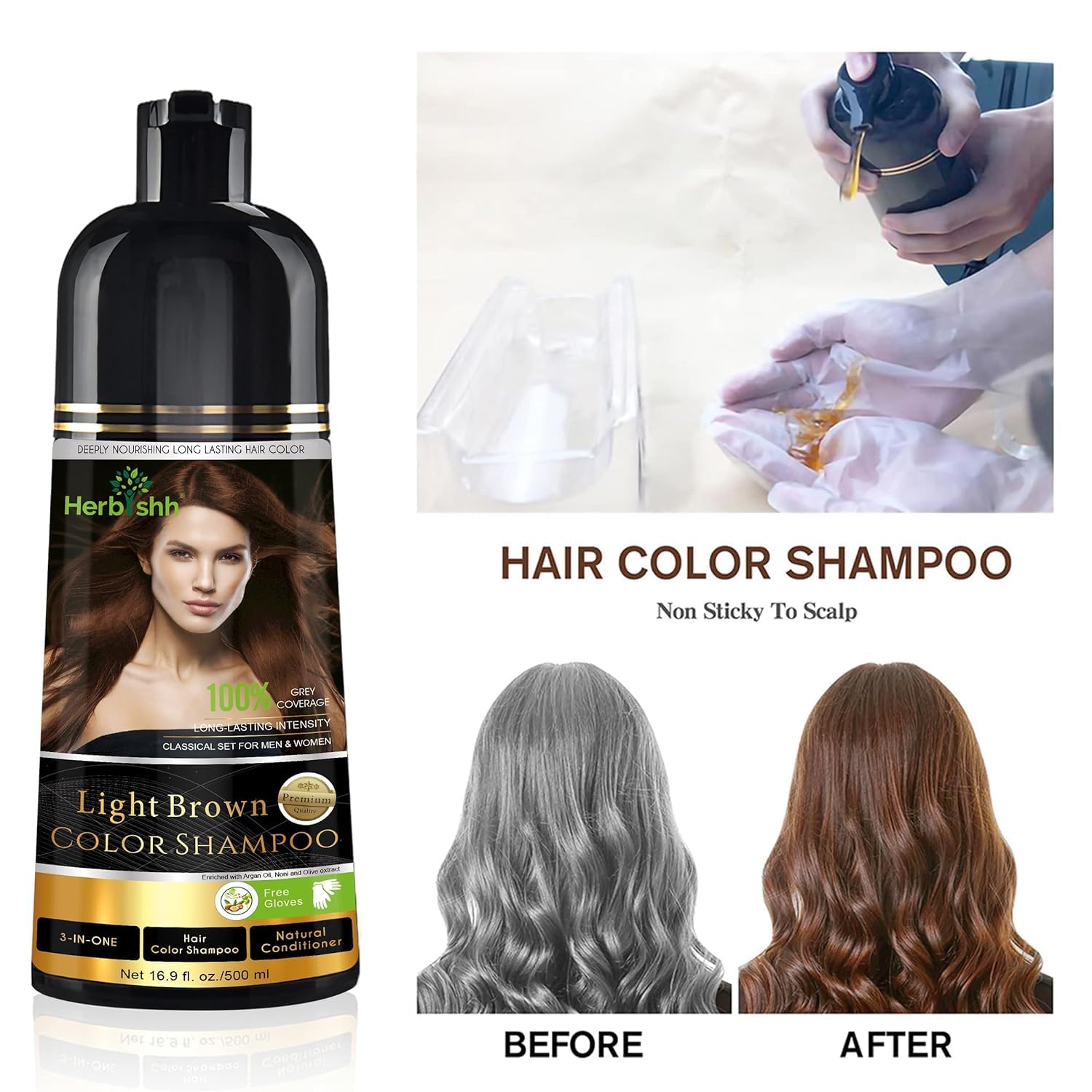 Herbishh Hellbraunes Haarfarben-Shampoo – 3-in-1 Magic Dye für graues Haar 500 ml + Universal-Haartrockner-Diffusor – verstellbar 3,5–8 cm, Drehclip für lockiges und welliges Haar, gleichmäßige Hitze