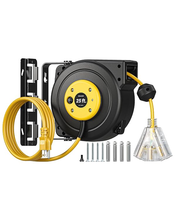 DEWENWILS 25FT Retractable Extension Cord Reel, 3-Outlet,14/3C SJTOW Cable by DEWENWILS - Used condition - US$44.23