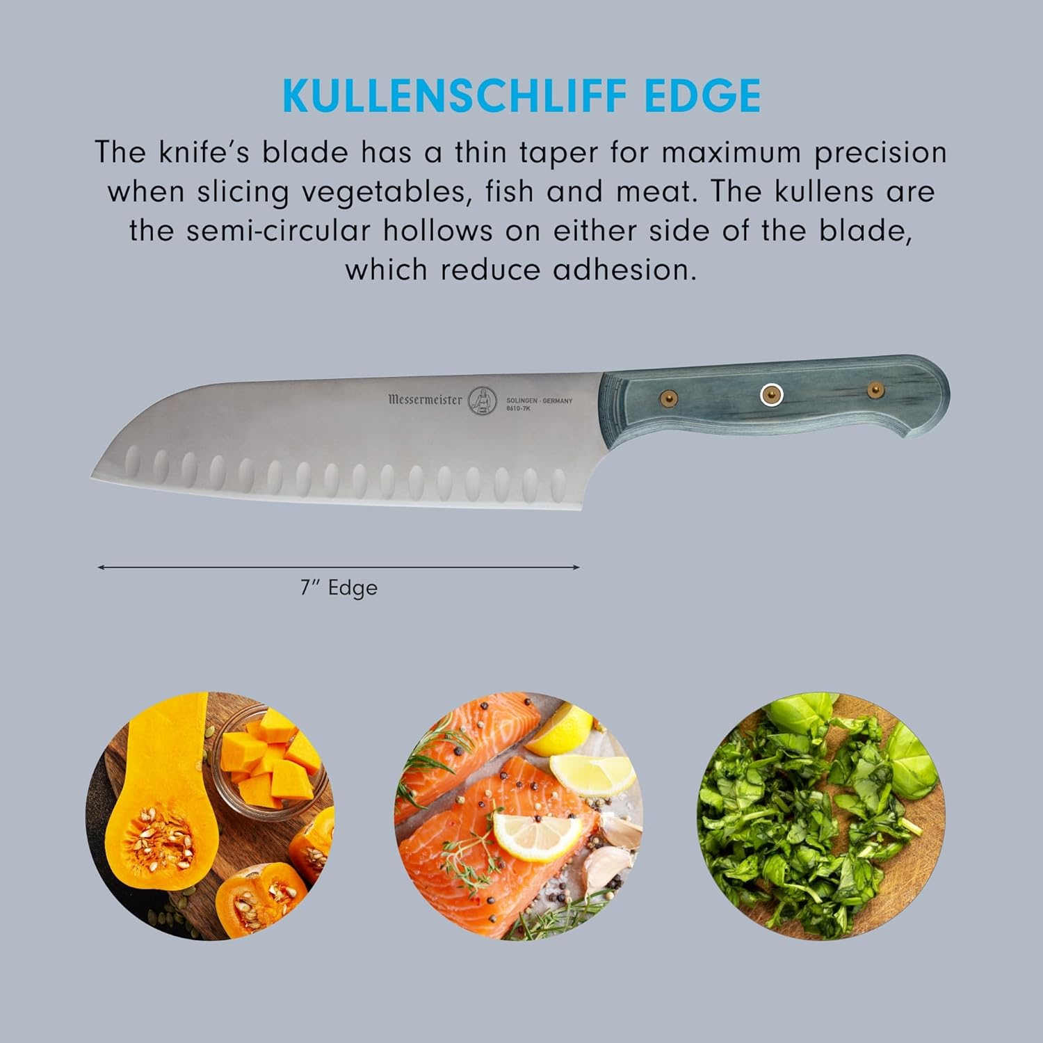 Messermeister Custom 7” Kullens Santoku Knife, Indigo Blue - X50 German Stainless Steel - Rust Resistant & Easy to Maintain - Made in Solingen, Germany