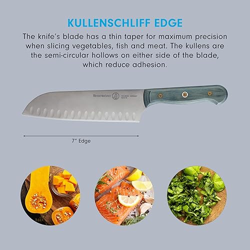Miniatura 9 de Messermeister Cuchillo Kullens Santoku personalizado de 7 pulgadas, acero inoxidable alemán X50, resistente a la corrosión y fácil de mantener,