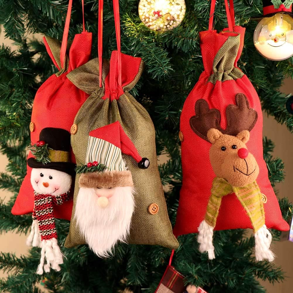 OurWarm Christmas Gift Bags Bulk, 3 Pcs Drawstring Gift Bags Large with 3D Santa Claus Snowman Reindeer, Reusable Christmas Treat Bags Goody Bags Burlap Sack for Xmas Party Supplies(15 X 8 Inches)