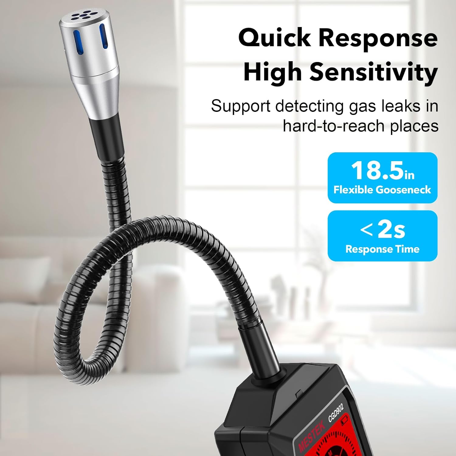 The MESTEK CGD902 Gas Detector with its 18.5-inch flexible gooseneck, highlighting its quick response time of less than 2 seconds and high sensitivity for detecting gas leaks in hard-to-reach places.