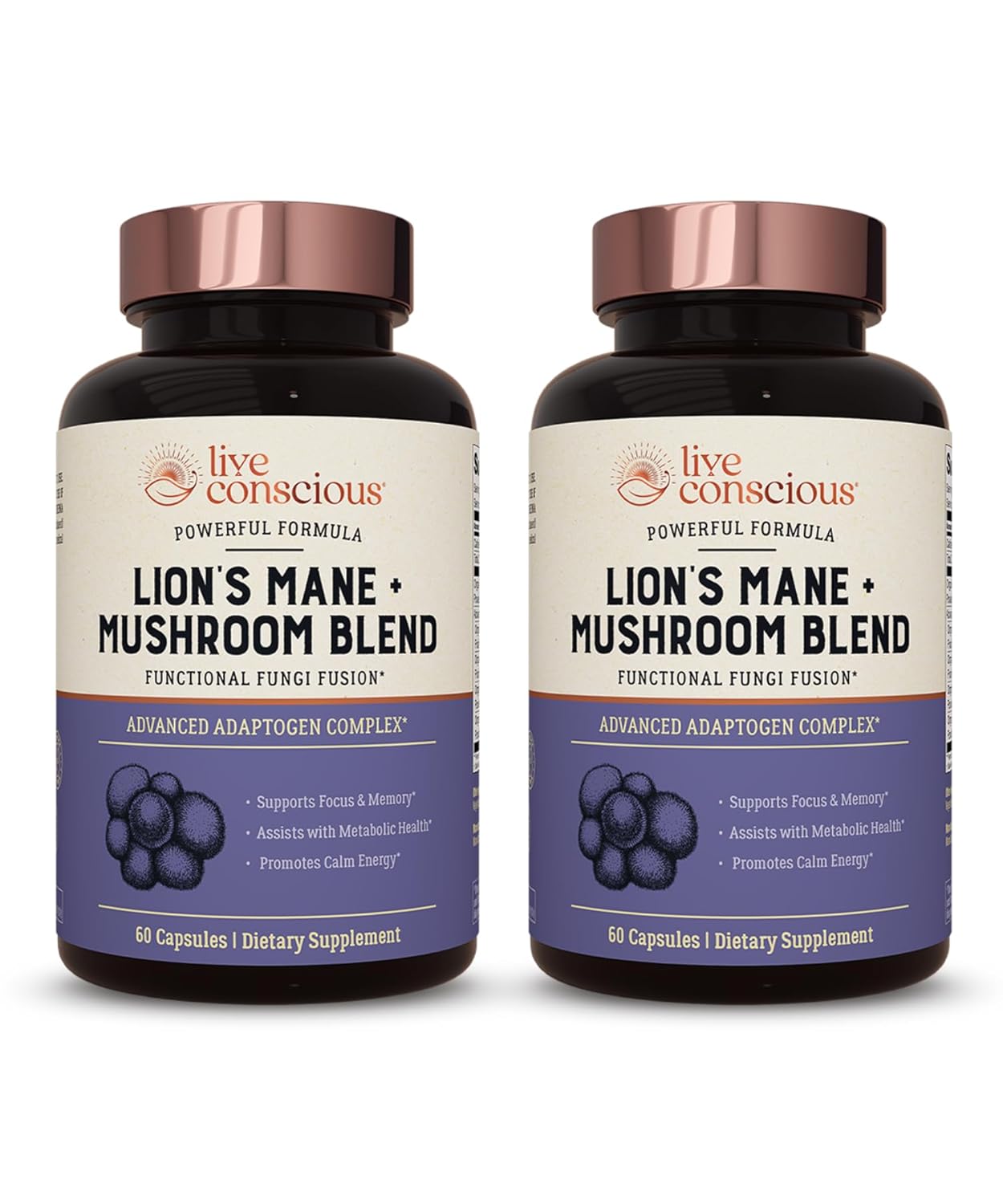 Live Conscious Lions Mane Mushroom Supplement Capsules for Brain Support w/Lion's Mane, Cordyceps, Reishi, and Turkey Tail Mushrooms - Cognitive Memory Supplement for Brain (2-Pack)