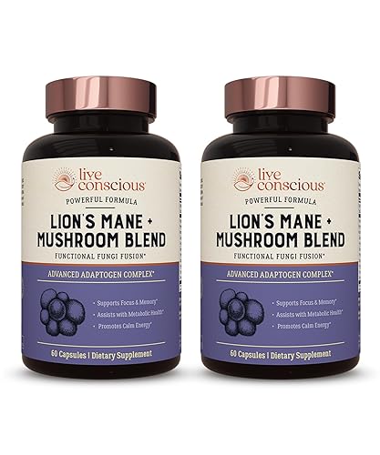Live Conscious Cápsulas de suplemento de hongos de melena de león para apoyo cerebral con melena de león, corderos, reishi y hongos de cola de pavo