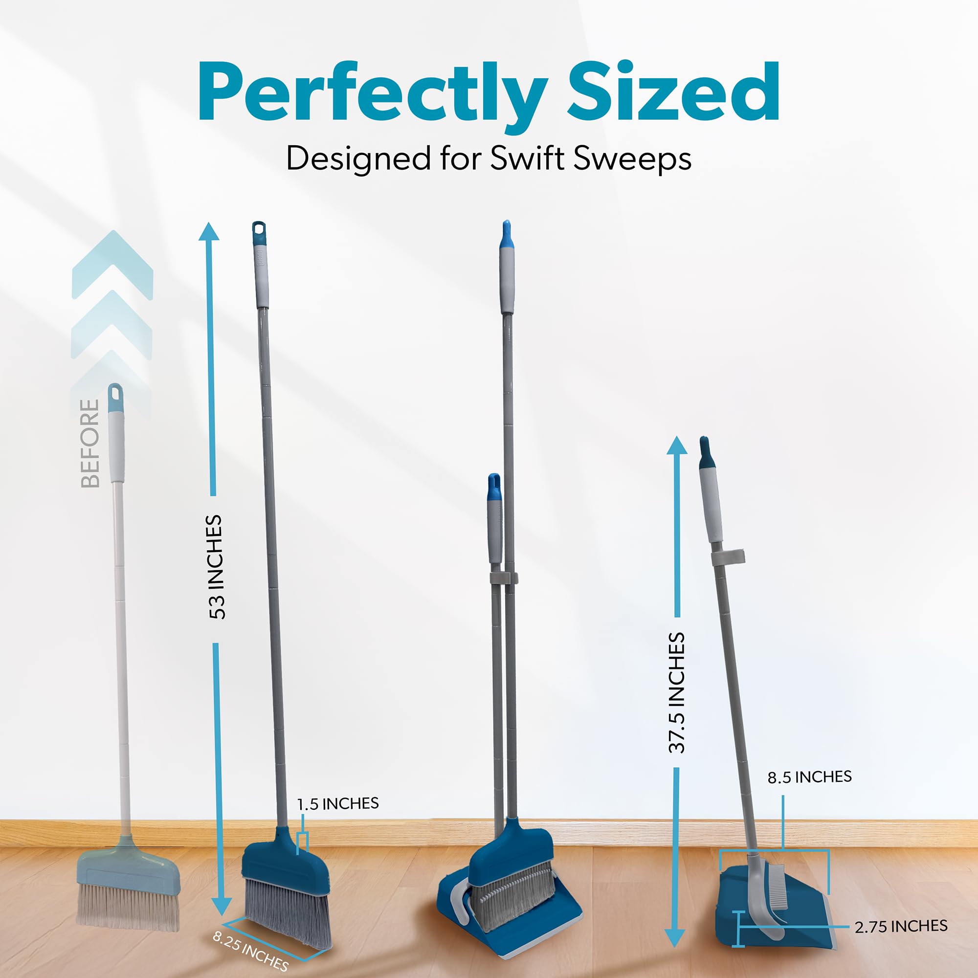BLACK+DECKER Juego de escoba y recogedor de mayordomo, diseño de pie, ligero, combo que ahorra espacio para cocina, sala de estar, baño, suelos de vestíbulo, esencial para limpieza del hogar, azul