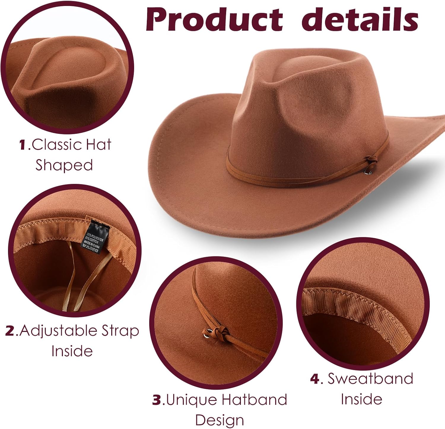4 Sets Cowboy Hats Bandanas Felt Western Wide Brim Belt Buckle Panama Hats Bandanas Set for Women Men Burning Rodeo