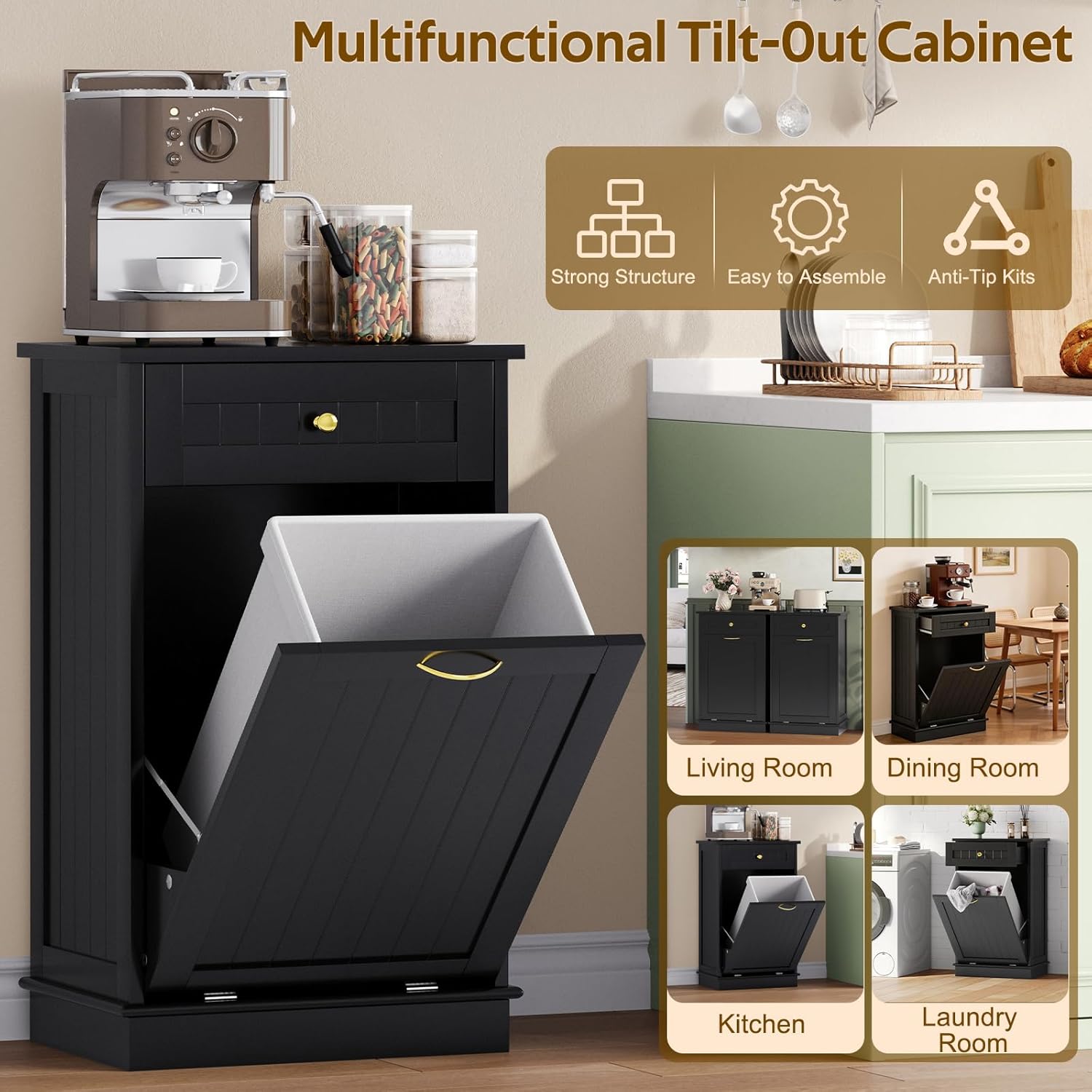 Black Tilt Out Trash Can Cabinet, 10Gallon Hidden Garbage Storage Cabinet with Deodorizing Design, Kitchen Trash Cabinet with Freestanding Trash Bin Cabinet for Home, Kitchen, Bathroom