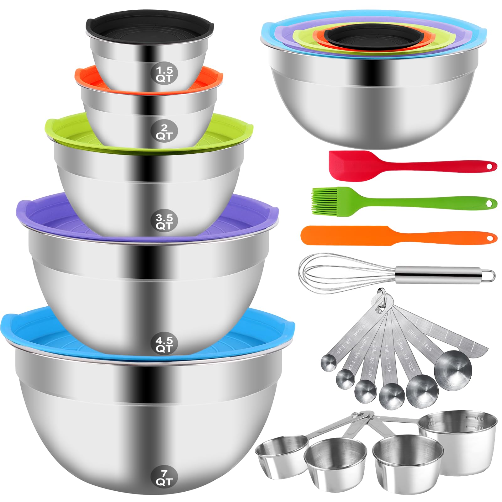 Mixing Bowls with Lid Set, 25PCS Kitchen Utensils Metal Bowl Stainless Steel Nesting Bowls, Measuring Cups and Spoons, Egg Whisk for Baking Prepping Cooking Serving Supplies