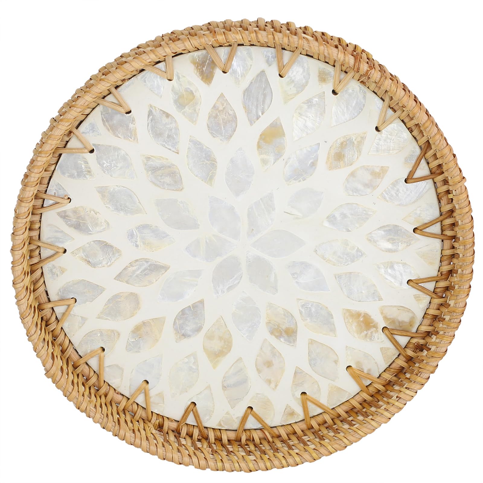 Natural woven rattan round storage tray, inlaid with mother-of-pearl, handcrafted tray suitable for snacks, bread, breakfast, etc., eco-friendly home and tabletop decoration