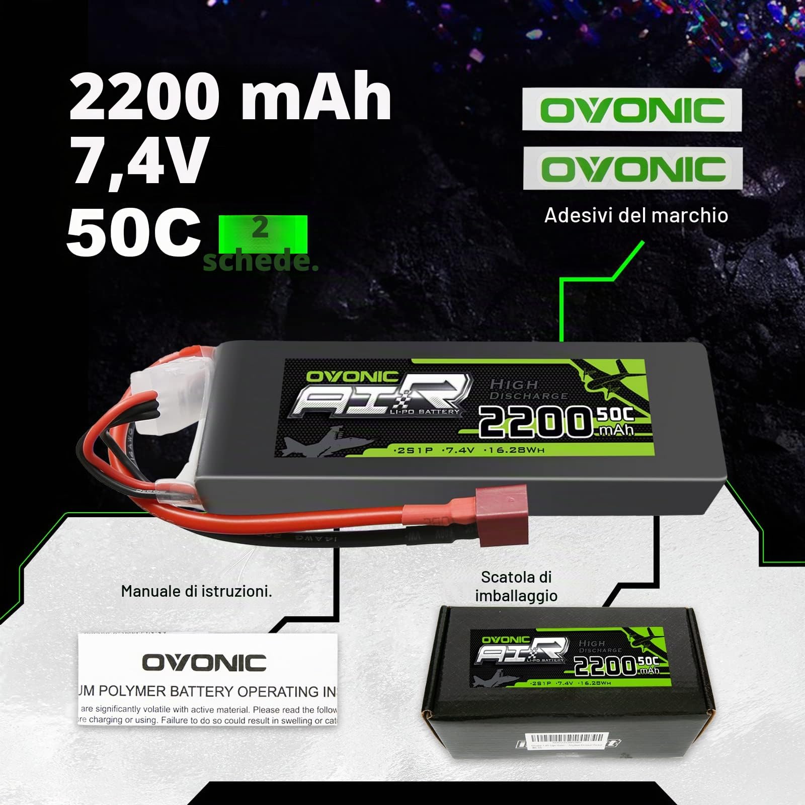 OVONIC 2 Packs 2200mAh 2S 7.4V 50C LiPo Battery Pack with T Plug for RC Evader BX Car RC Truck RC Truggy RC Airplane UAV Drone FPV