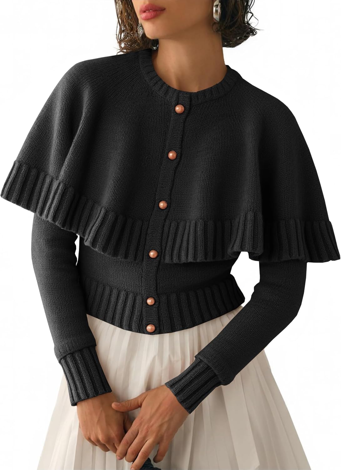 Saodimallsu Womens Cropped Cardigan Sweater Long Sleeve Fall Knit Cape Sweaters Button Up Trendy Outfits 2025 Black