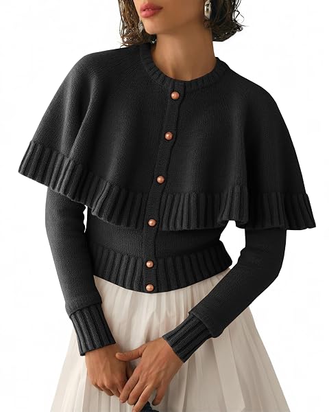 Saodimallsu Womens Cropped Cardigan Sweater Long Sleeve Fall Knit Cape Sweaters Button Up Trendy Outfits 2025 Black